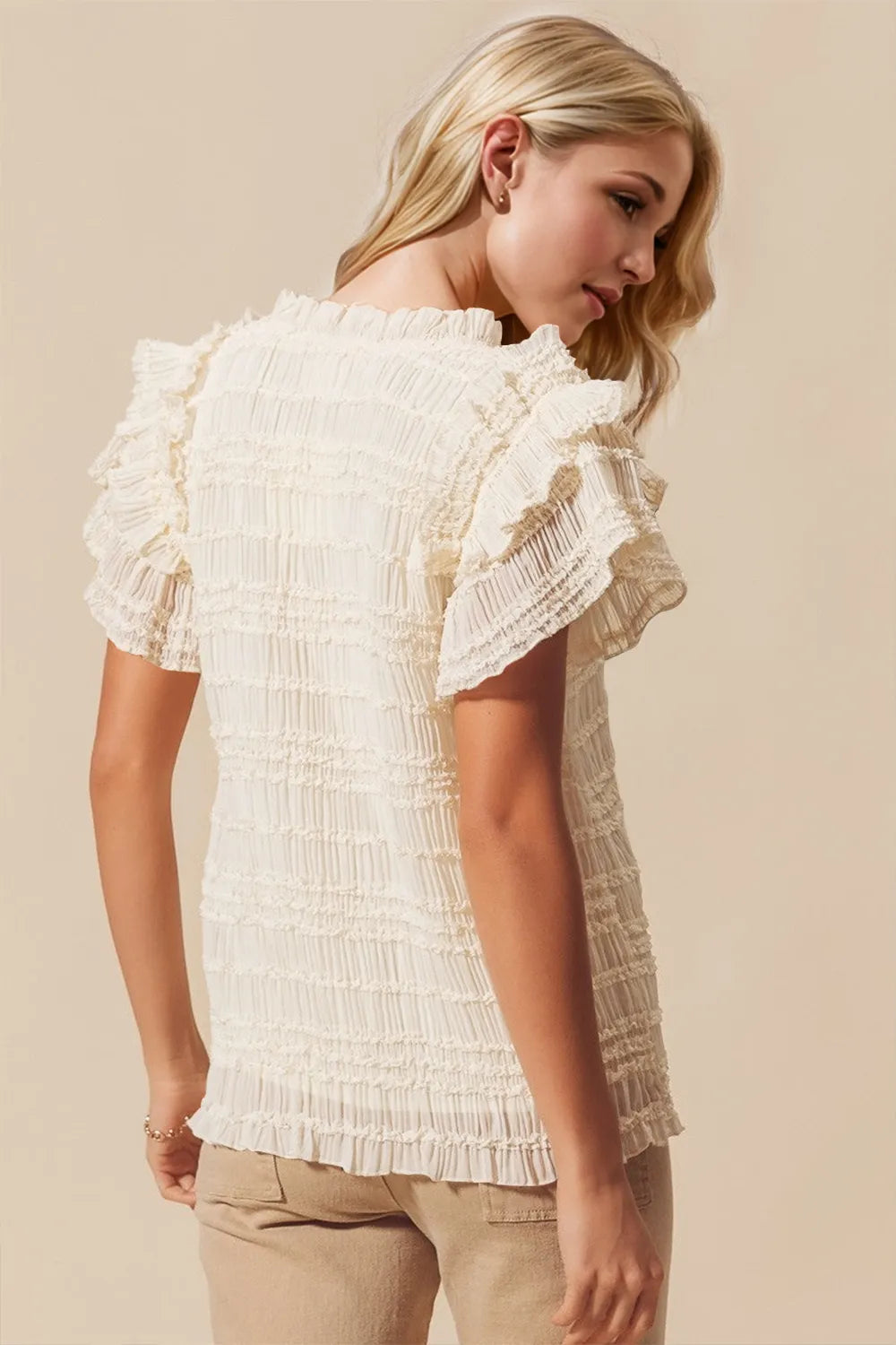 Oh Full Size Frill Notched Flounce Sleeve Blouse - -