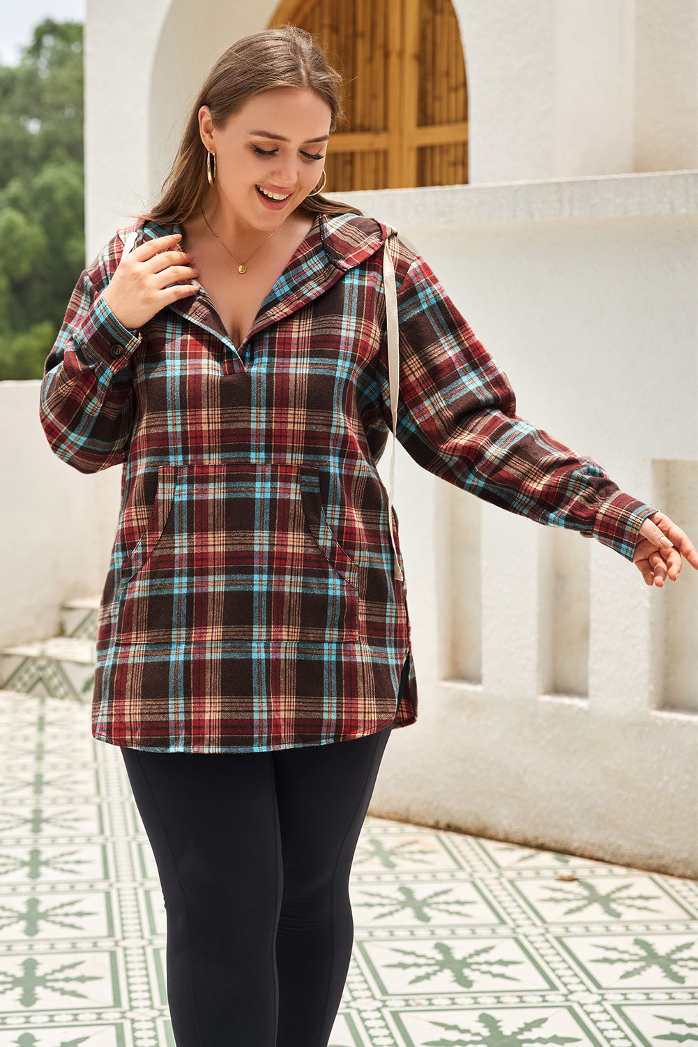 Plus Size Drawstring Plaid Quarter Button Hoodie - -