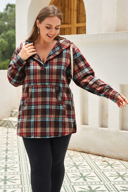 Plus Size Drawstring Plaid Quarter Button Hoodie - -