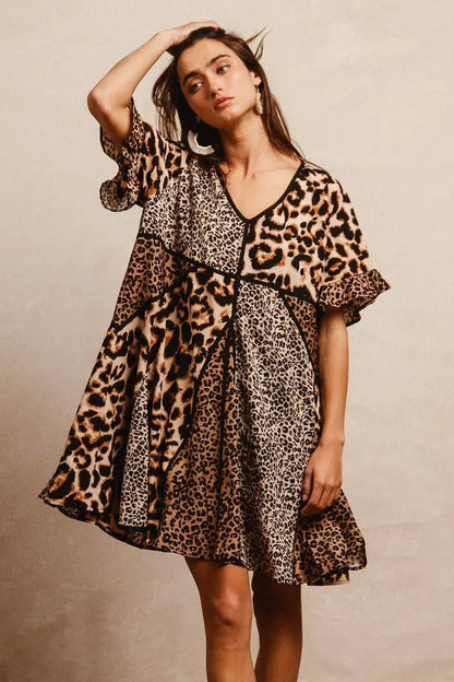 BiBi Leopard Prints Mix and Match Short Sleeves Dress - -
