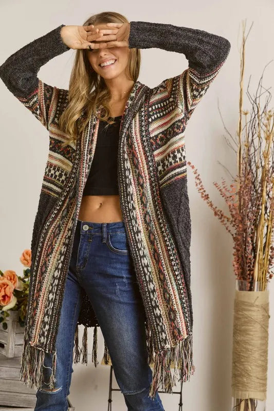 ADORA Full Size Fringe Hem Aztec Cardigan Plus Size.