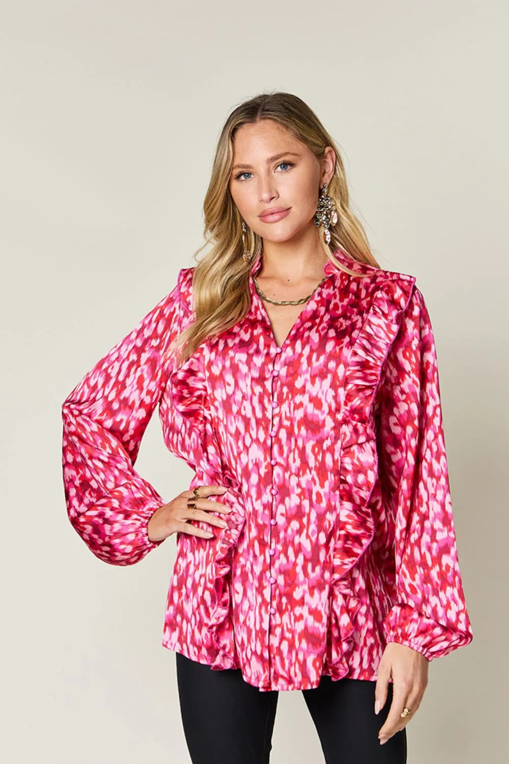 Double Take Full Size Printed Ruffle Trim Balloon Sleeve Shirt - Hot Pink -