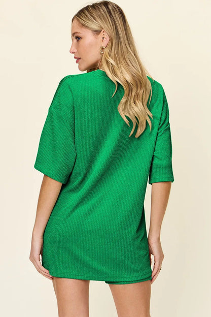 Double Take Full Size Texture Round Neck Drop Shoulder T-Shirt and Shorts Set – | Shannon’s Chique Boutique