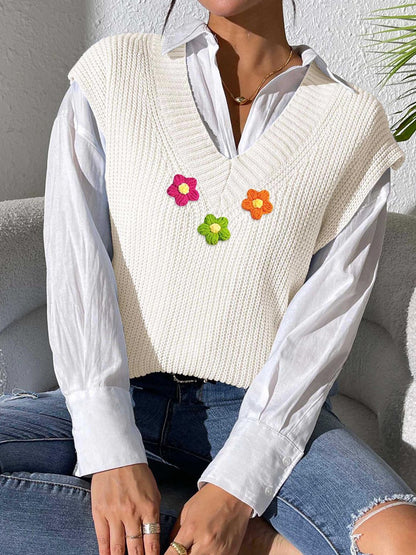 Flower V-Neck Sweater Vest - -