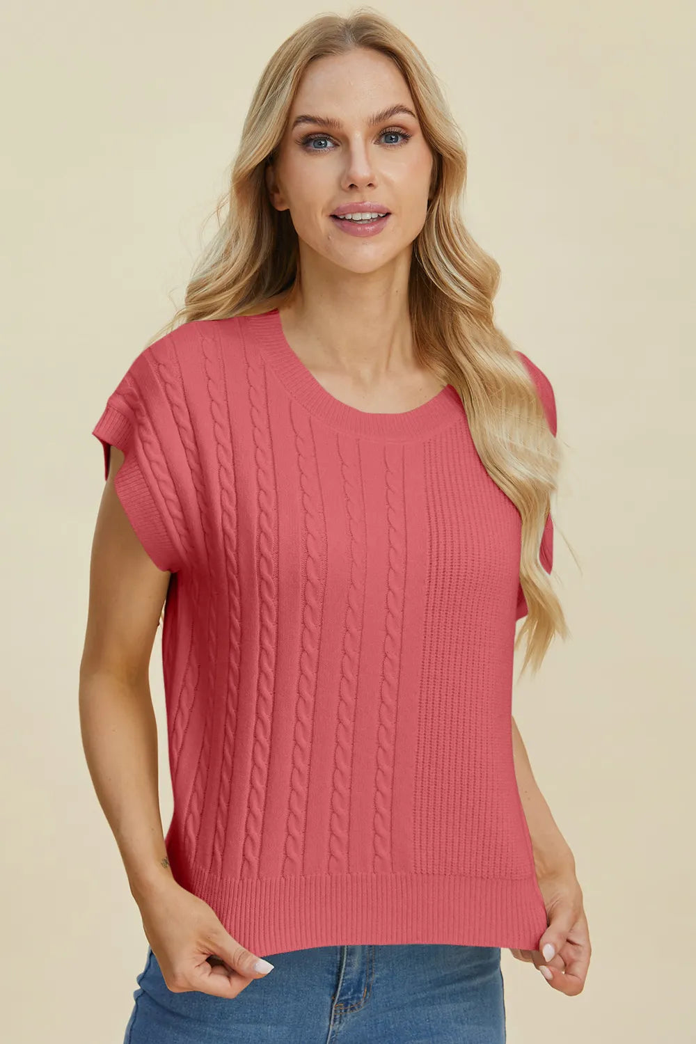 Double Take Full Size Cable-Knit Round Neck Short Sleeve Sweater - -