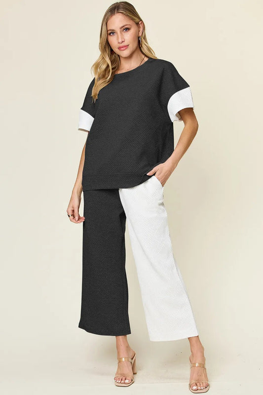 Double Take Full Size Texture Contrast T-Shirt and Wide Leg Pants Set - White -
