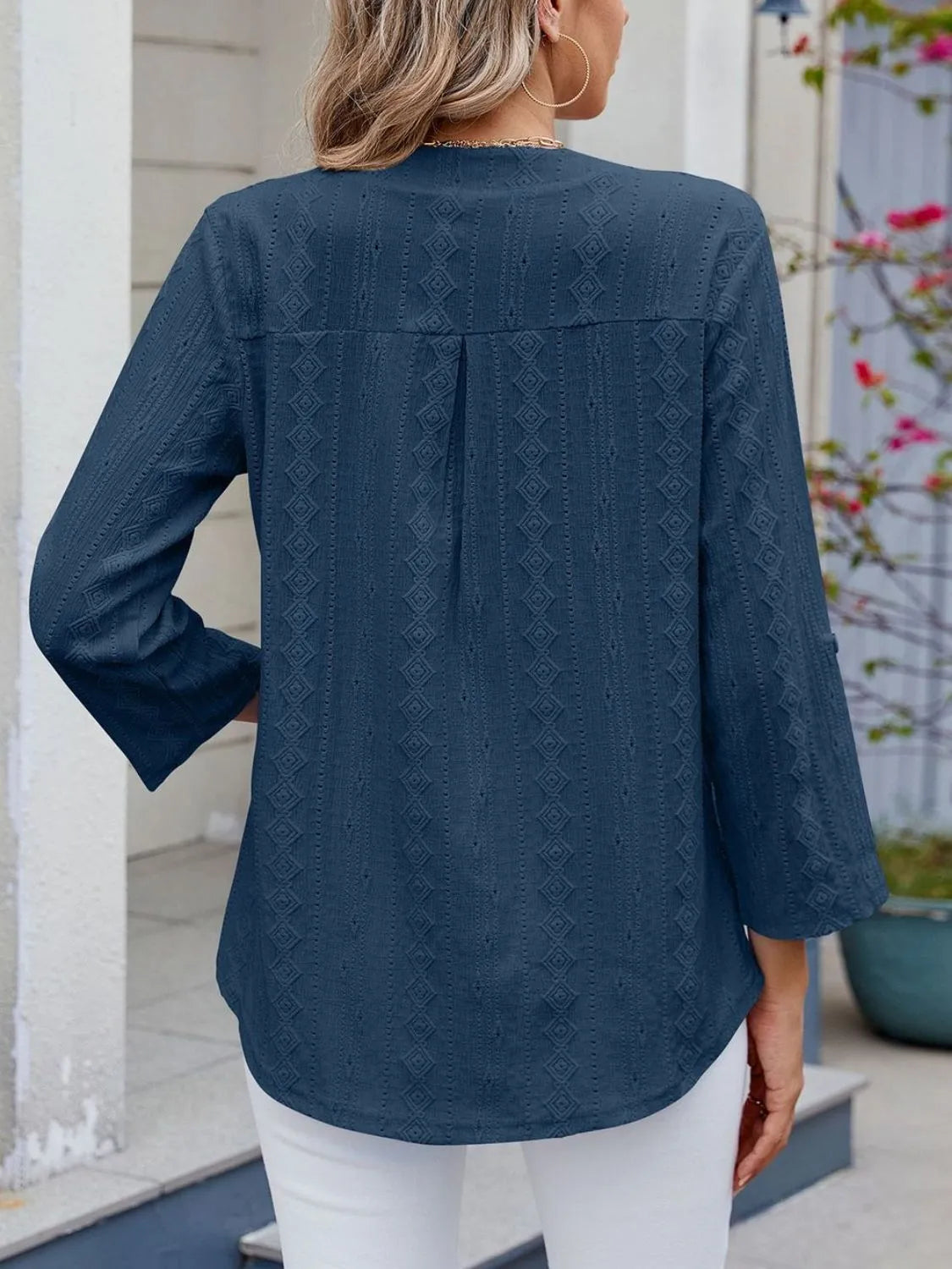 Eyelet Notched Roll-Tab Sleeve Top - -