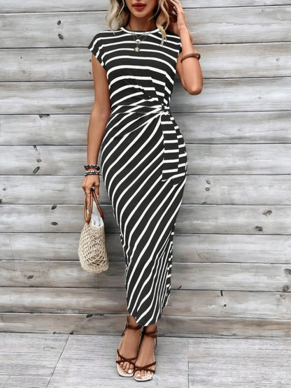 Pretty Chique Striped Midi Dress – Cap Sleeve Style - Black -
