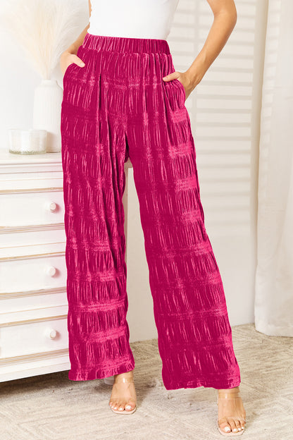 Double Take Full Size High Waist Tiered Shirring Velvet Wide Leg Pants – | Shannon’s Chique Boutique