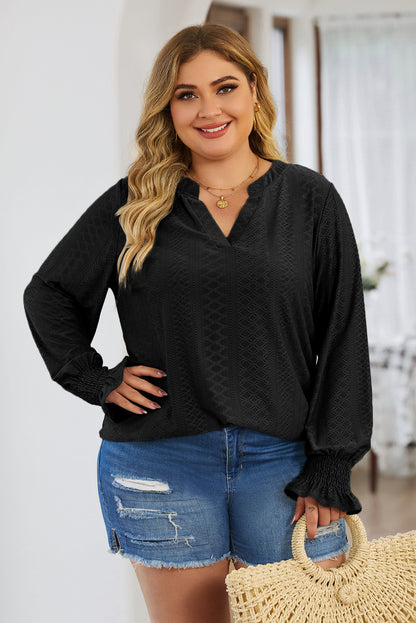 Plus Size Eyelet Notched Flounce Sleeve Blouse - -