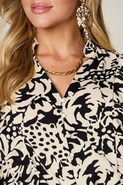 Double Take Full Size Printed Ruffle Trim Balloon Sleeve Shirt - -