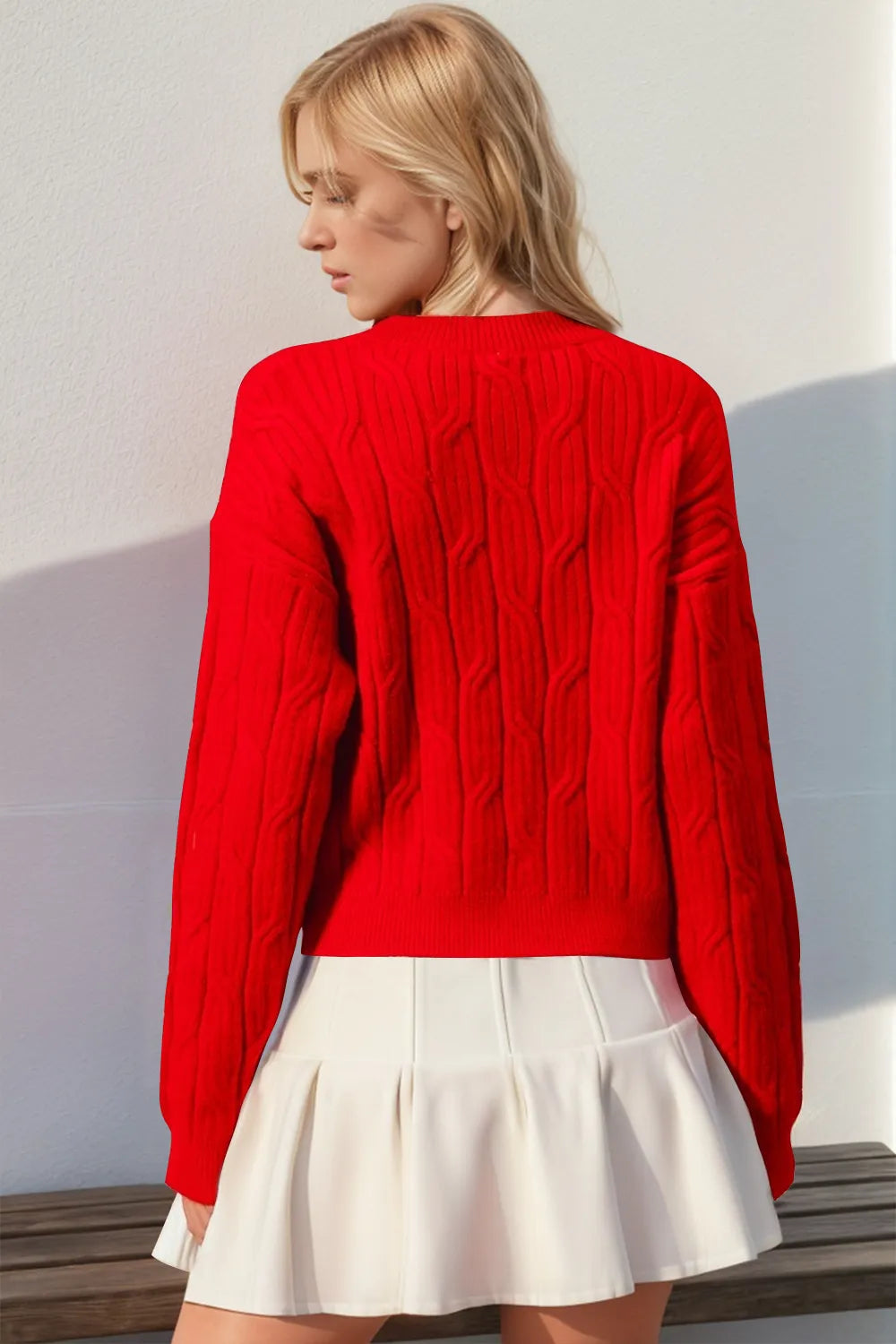 Double Take Full Size Bow Cable-Knit Round Neck Sweater - -