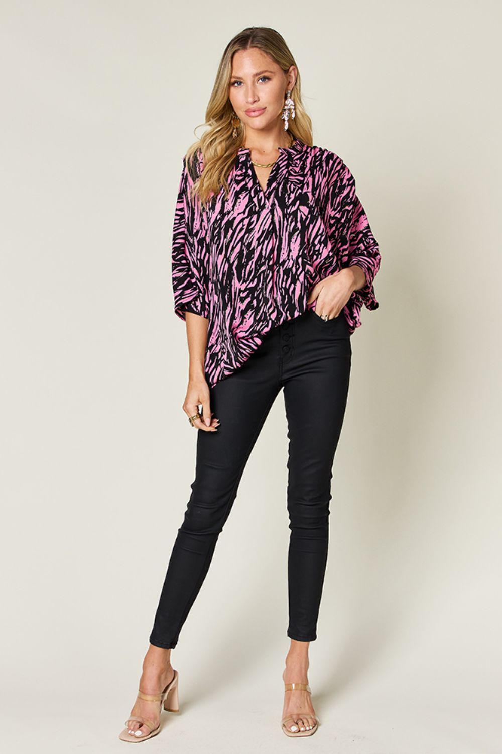 Double Take Full Size Printed Notched Three-Quarter Sleeve Blouse - -