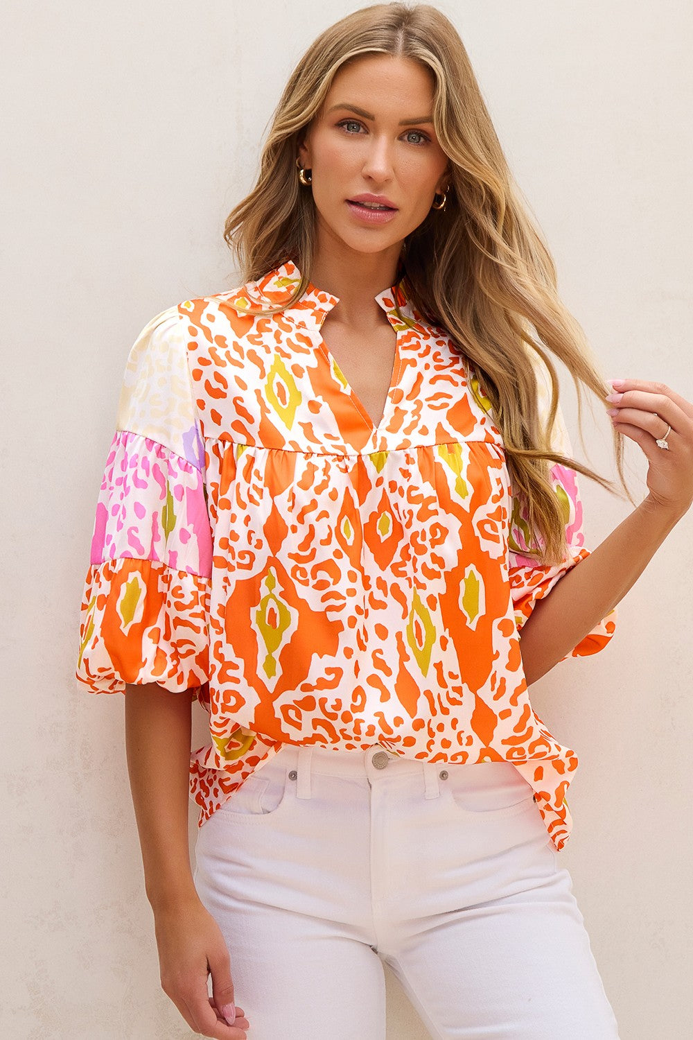Printed Notched Half Sleeve Blouse - -