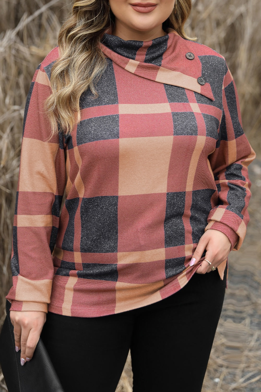 Plus Size Plaid Cowl Neck Long Sleeve Sweatshirt - Plaid -