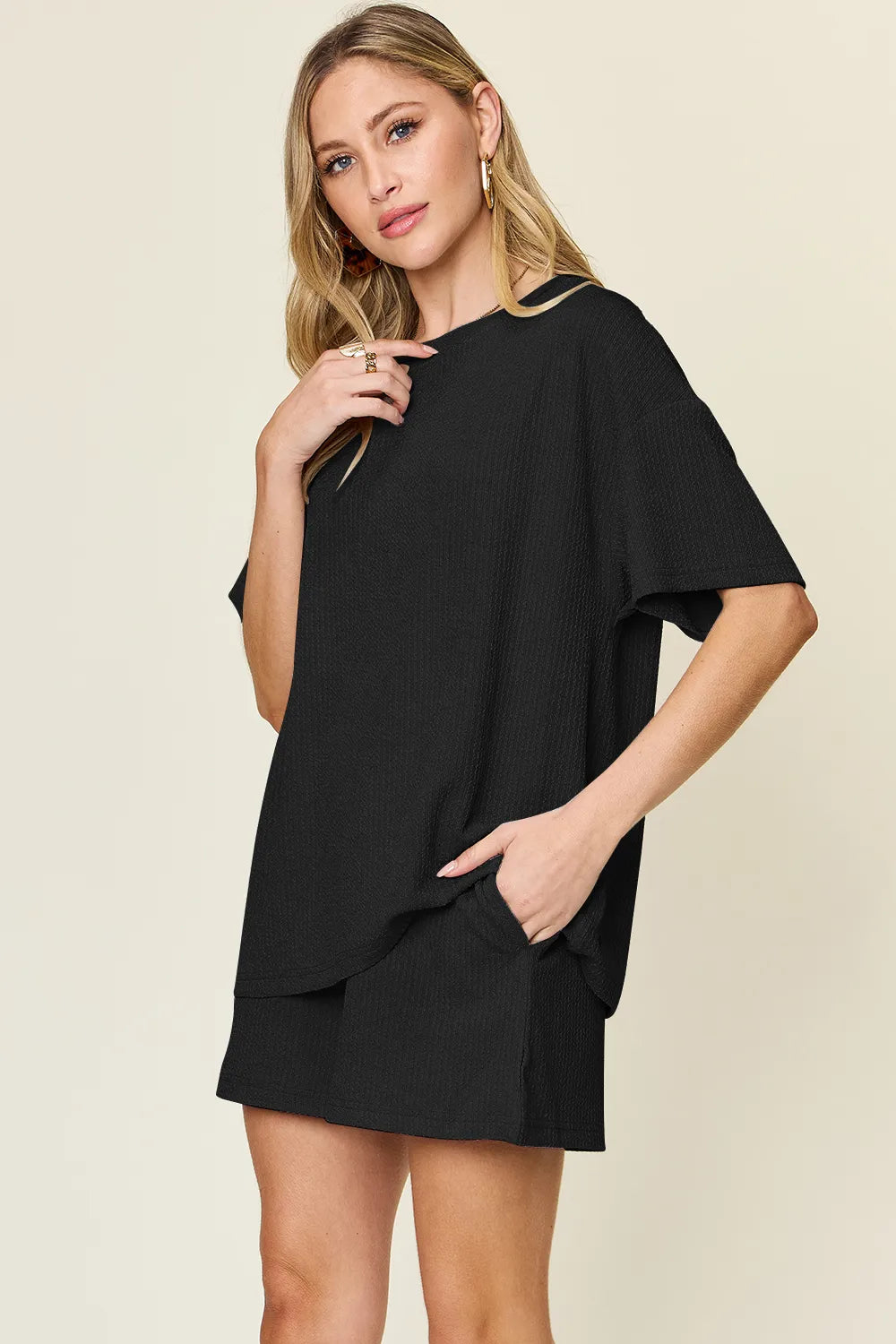 Double Take Basic style Round Neck Solid Set - -