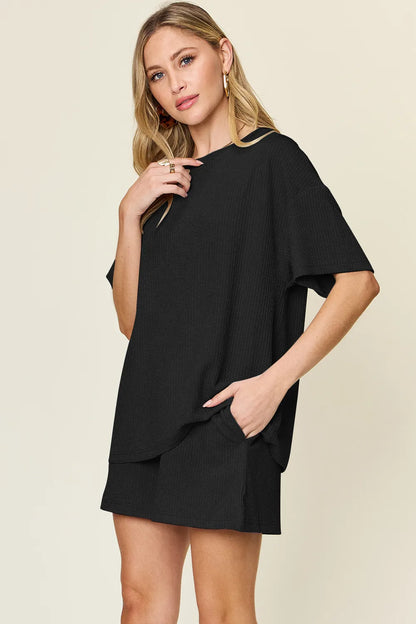 Double Take Basic style Round Neck Solid Set - -