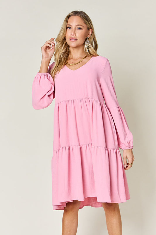 Double Take Full Size V-Neck Balloon Sleeve Tiered Dress with Pockets - Pink -