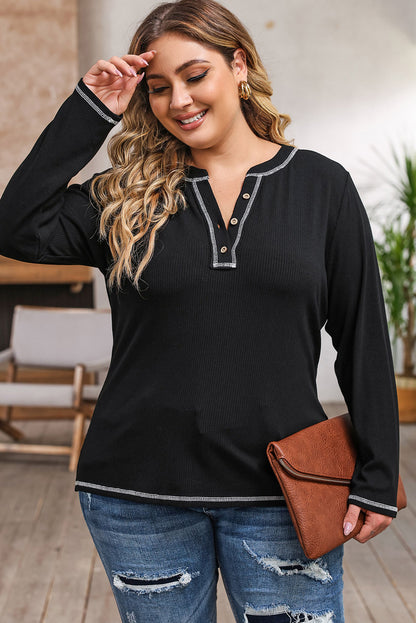 Plus Size Notched Neck Long Sleeve T-Shirt - -