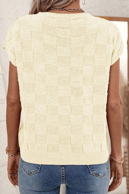 Pocketed Checkered Round Neck Knit Top - -