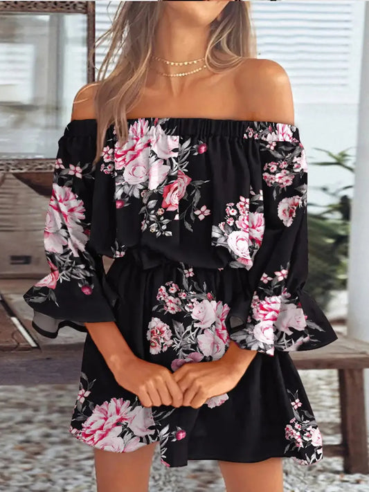 Full Size Floral Off-Shoulder Flounce Sleeve Mini Dress Plus Size - Black -