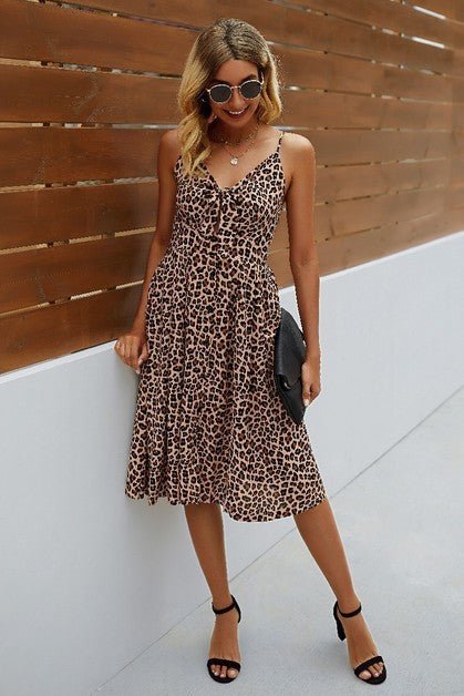 V Neck Spaghetti Strap Leopard Cut Out Midi Dress – | Shannon’s Chique Boutique