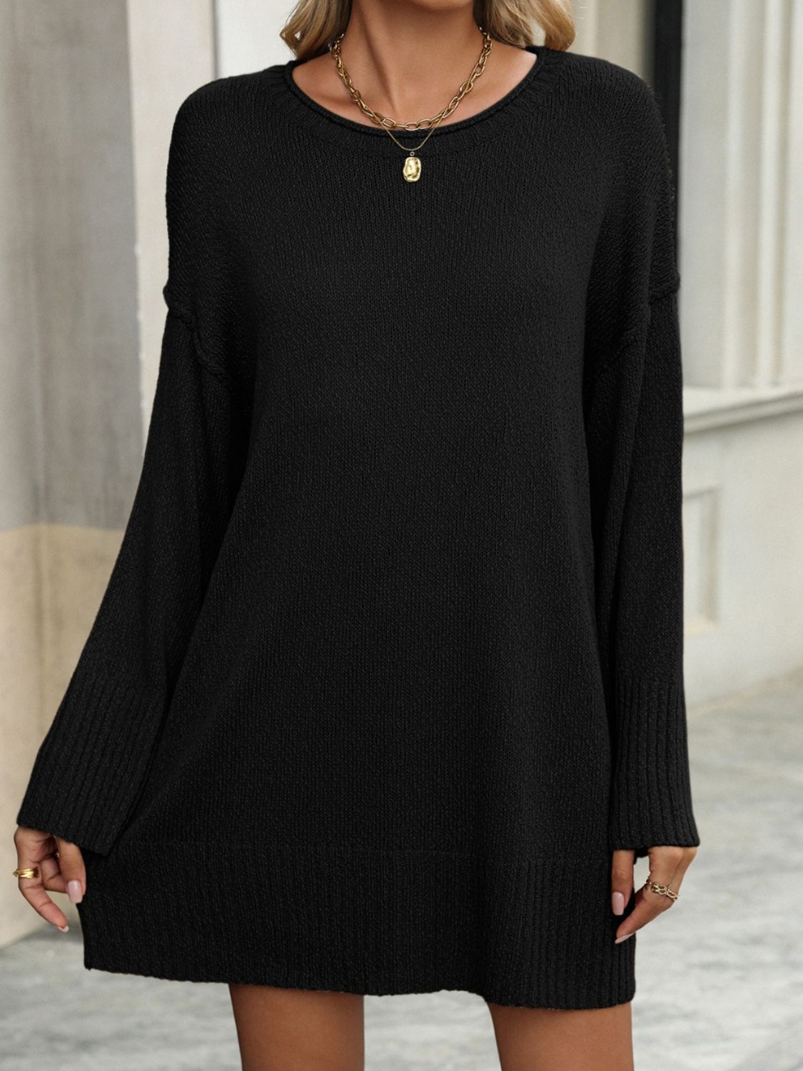 Round Neck Dropped Shoulder Sweater - Black -