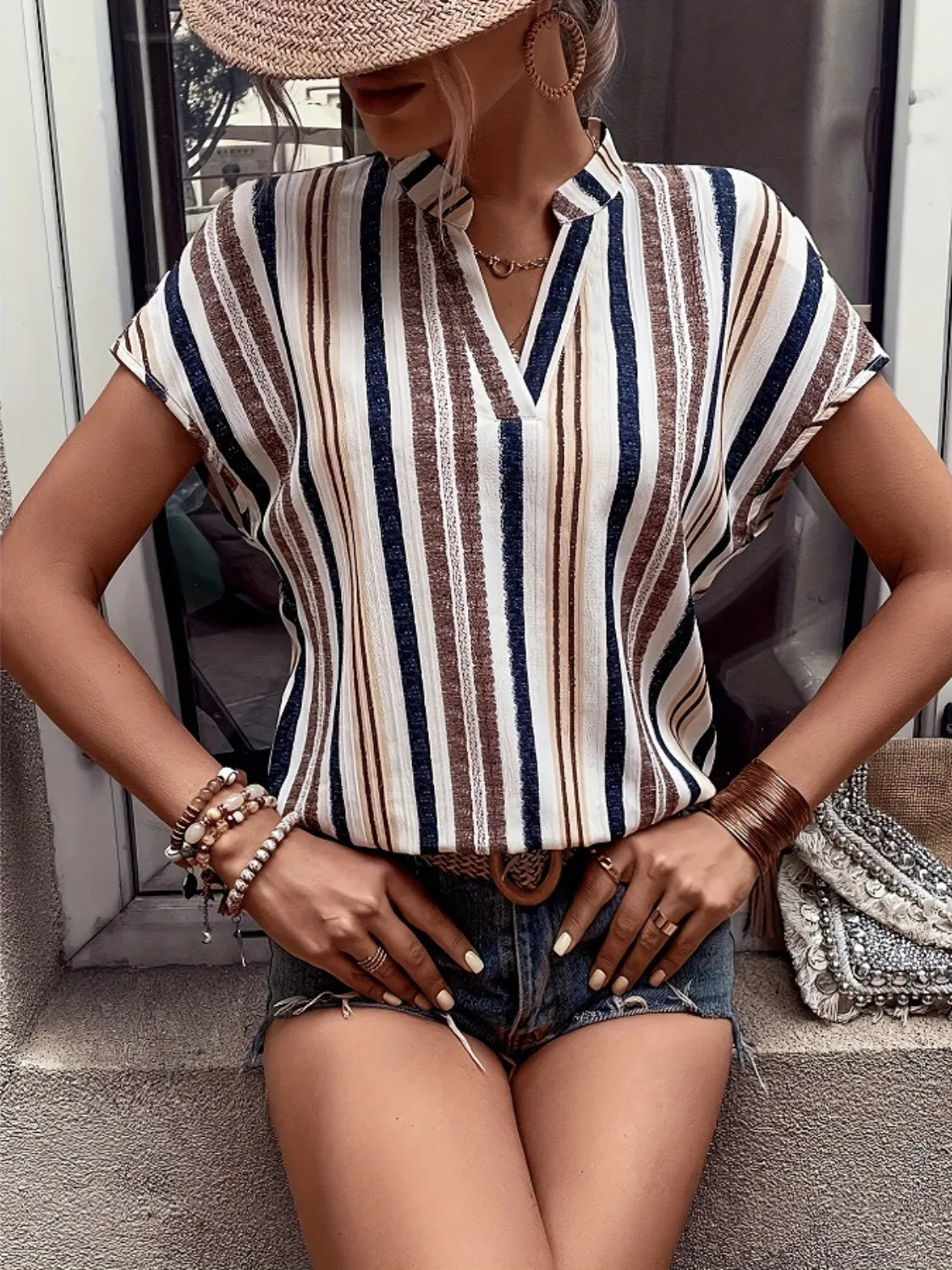 Striped Notched Short Sleeve Shirt - -