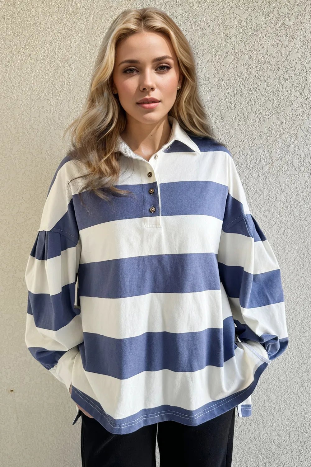 Oh Pima Cotton Wash Wide Striped Collared Neck Long Sleeve Top - Dusty Blue -