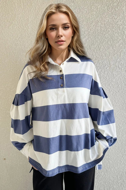 Oh Pima Cotton Wash Wide Striped Collared Neck Long Sleeve Top - Dusty Blue -