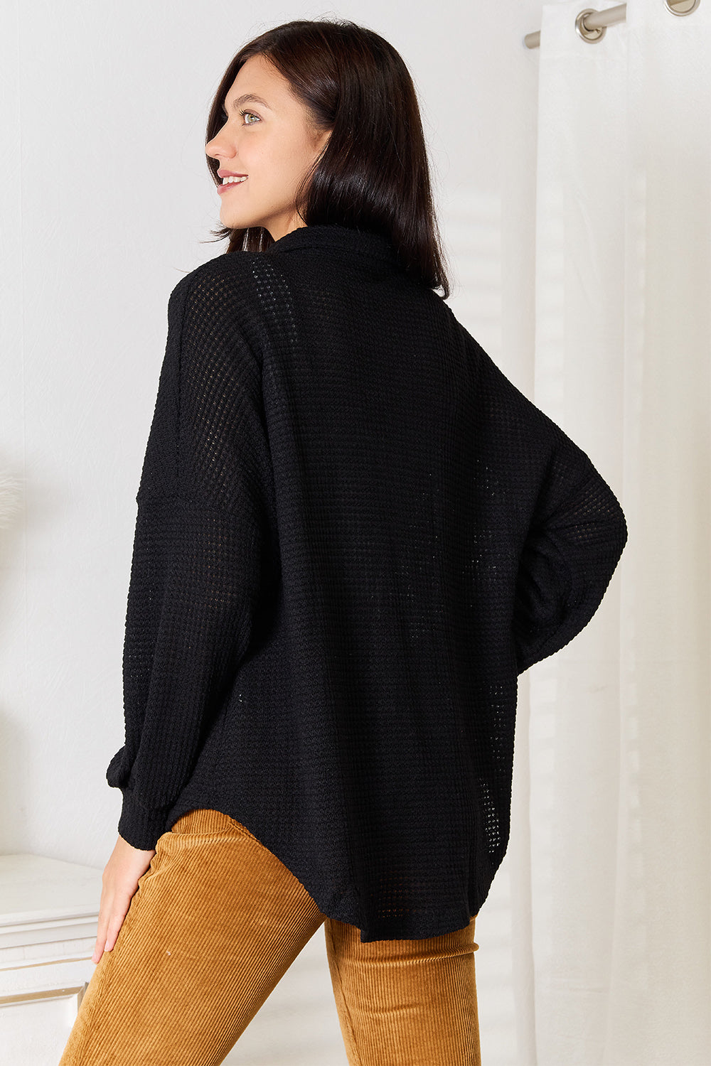 Double Take Waffle-Knit Collared Neck Dropped Shoulder Shirt - -