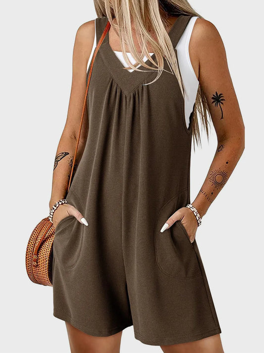 V-Neck Wide Strap Romper - Coffee Brown -