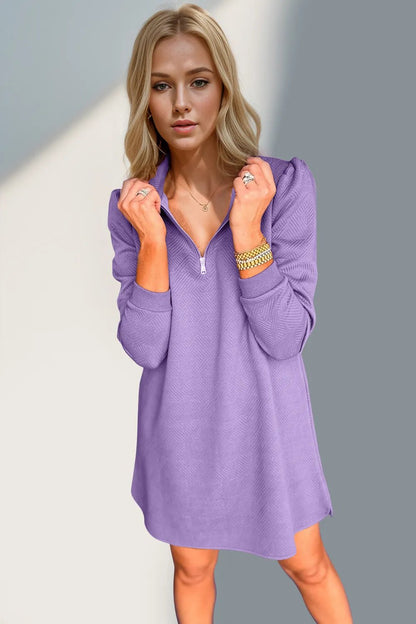 Double Take Textured Quarter Zip Long Sleeve Dress - -