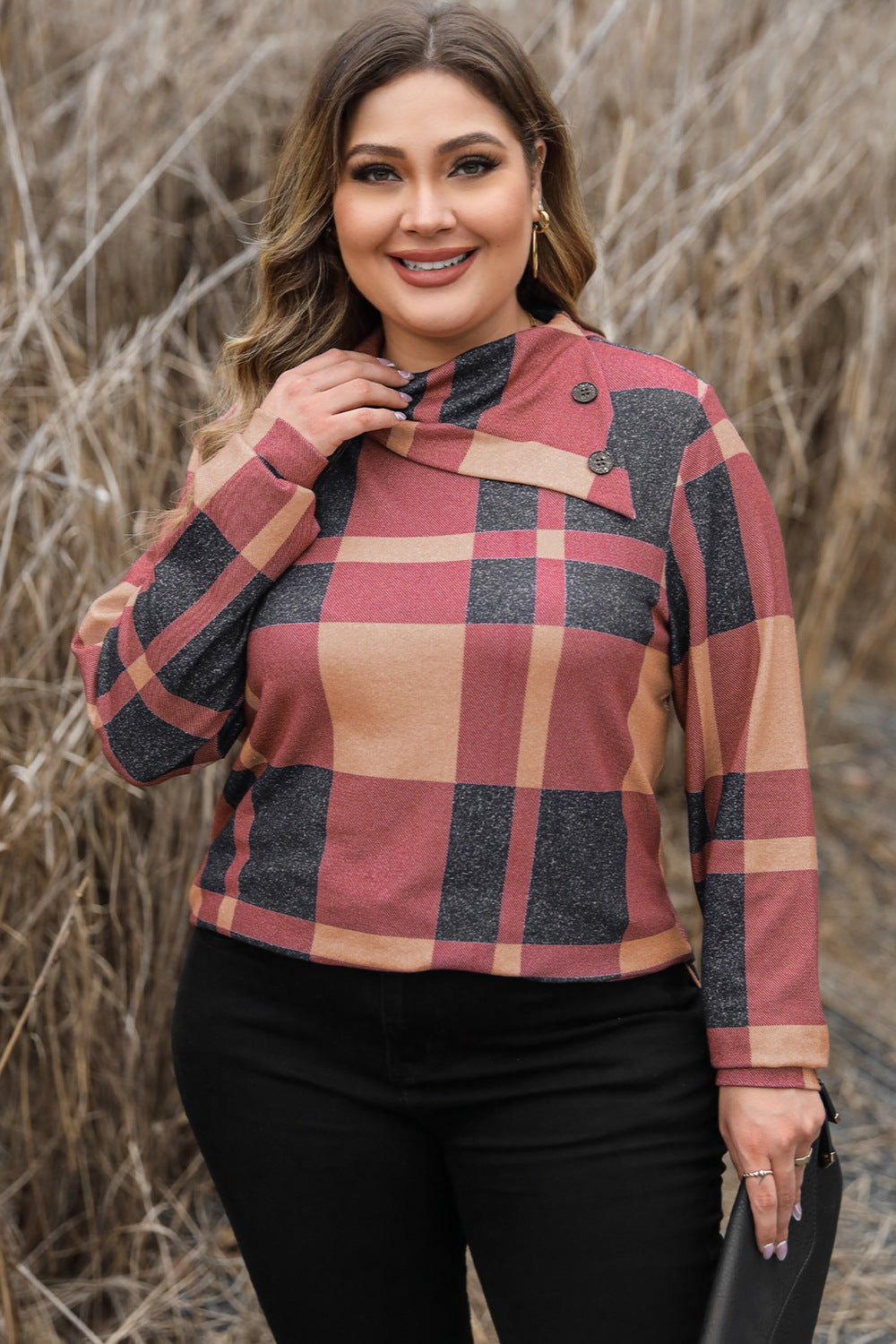 Plus Size Plaid Cowl Neck Long Sleeve Sweatshirt - -