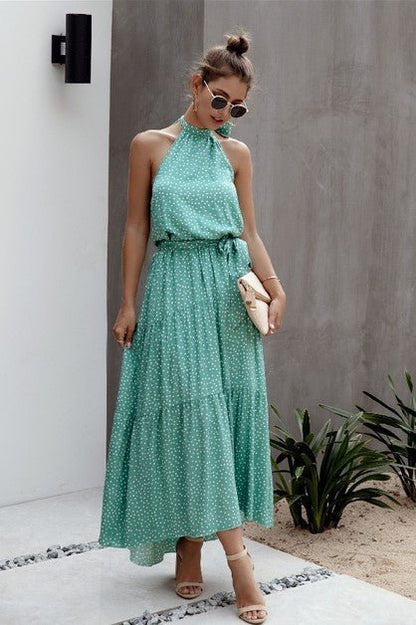 Tie Back Polka Dot Ruffle Hem Halter Dress – | Shannon’s Chique Boutique