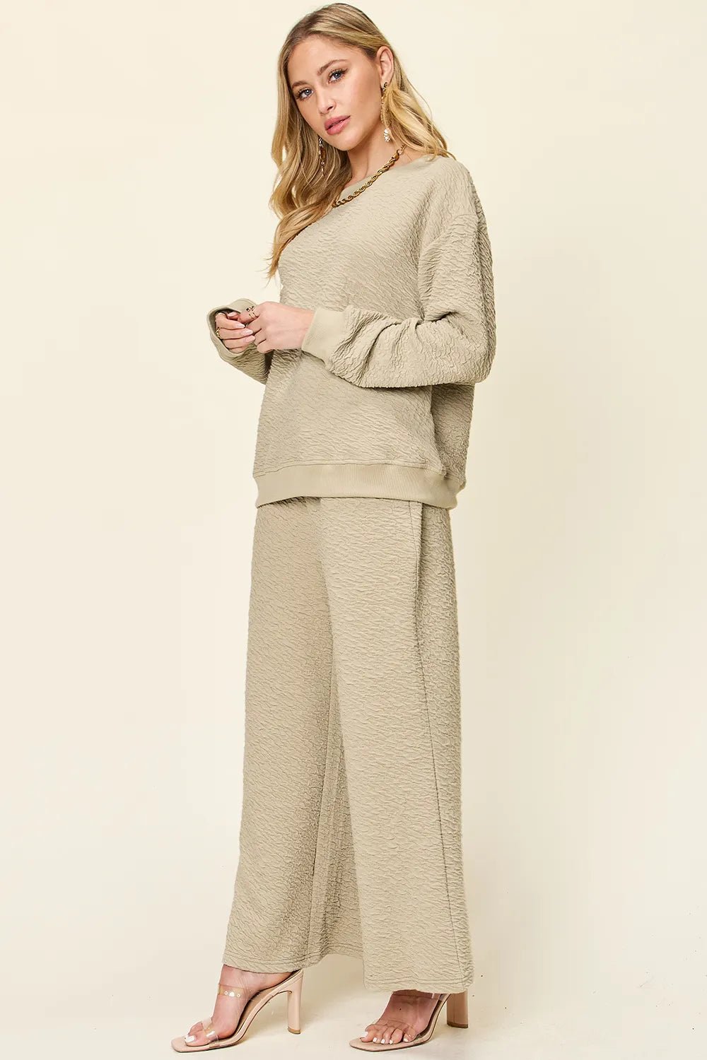 Double Take Full Size Texture Long Sleeve Top and Pants Set - -