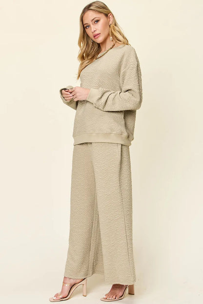 Double Take Full Size Texture Long Sleeve Top and Pants Set - -