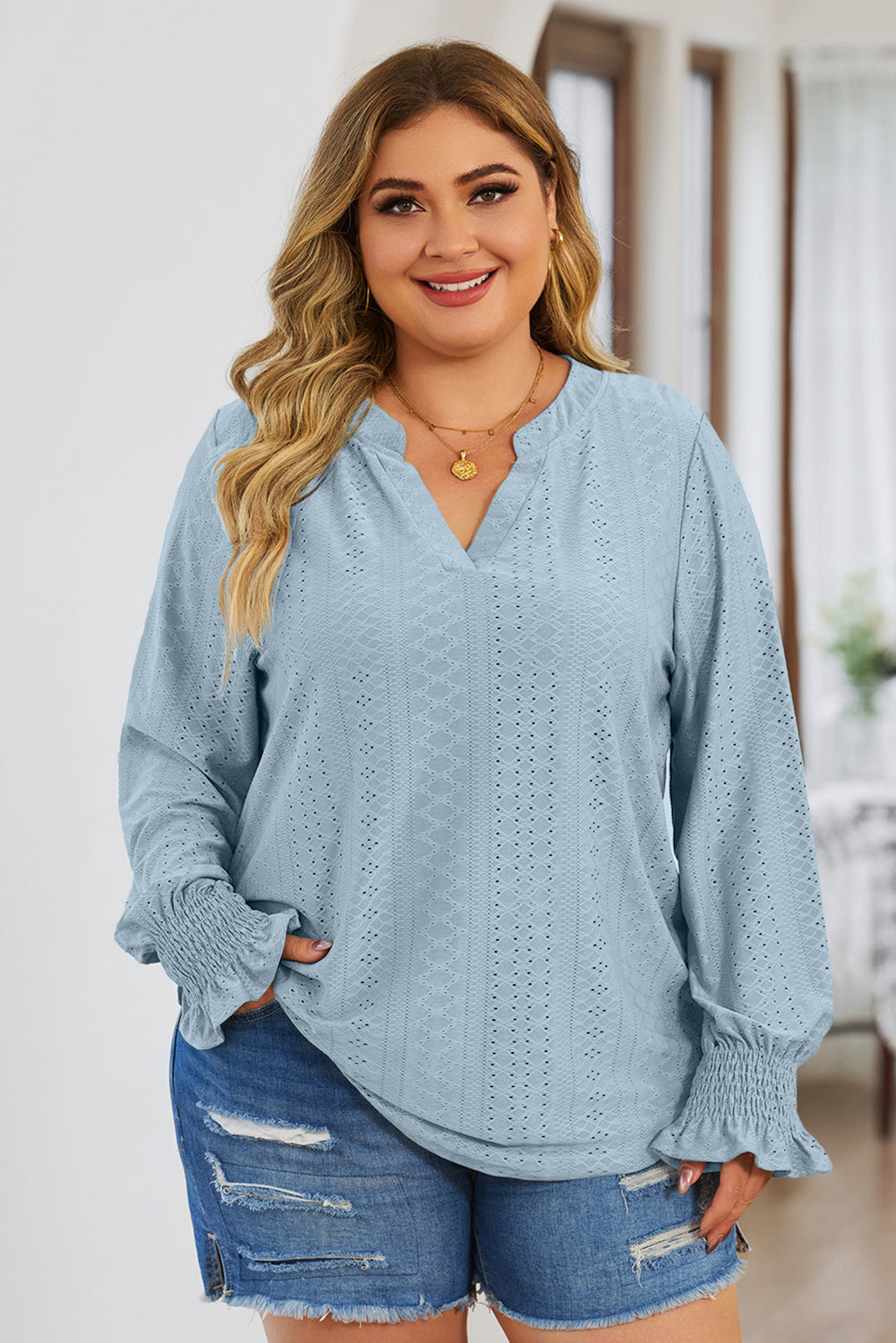 Plus Size Eyelet Notched Flounce Sleeve Blouse - Light Blue -