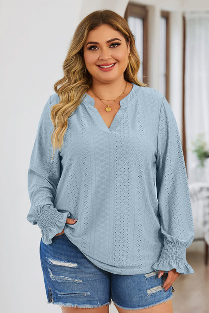 Plus Size Eyelet Notched Flounce Sleeve Blouse - Light Blue -