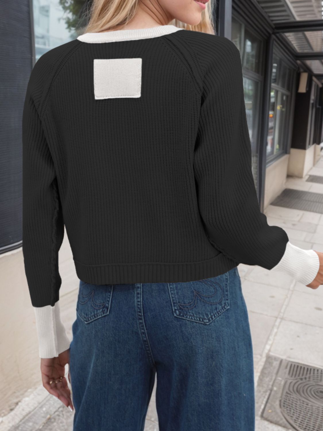 Contrast Button Up Long Sleeve Cardigan - -