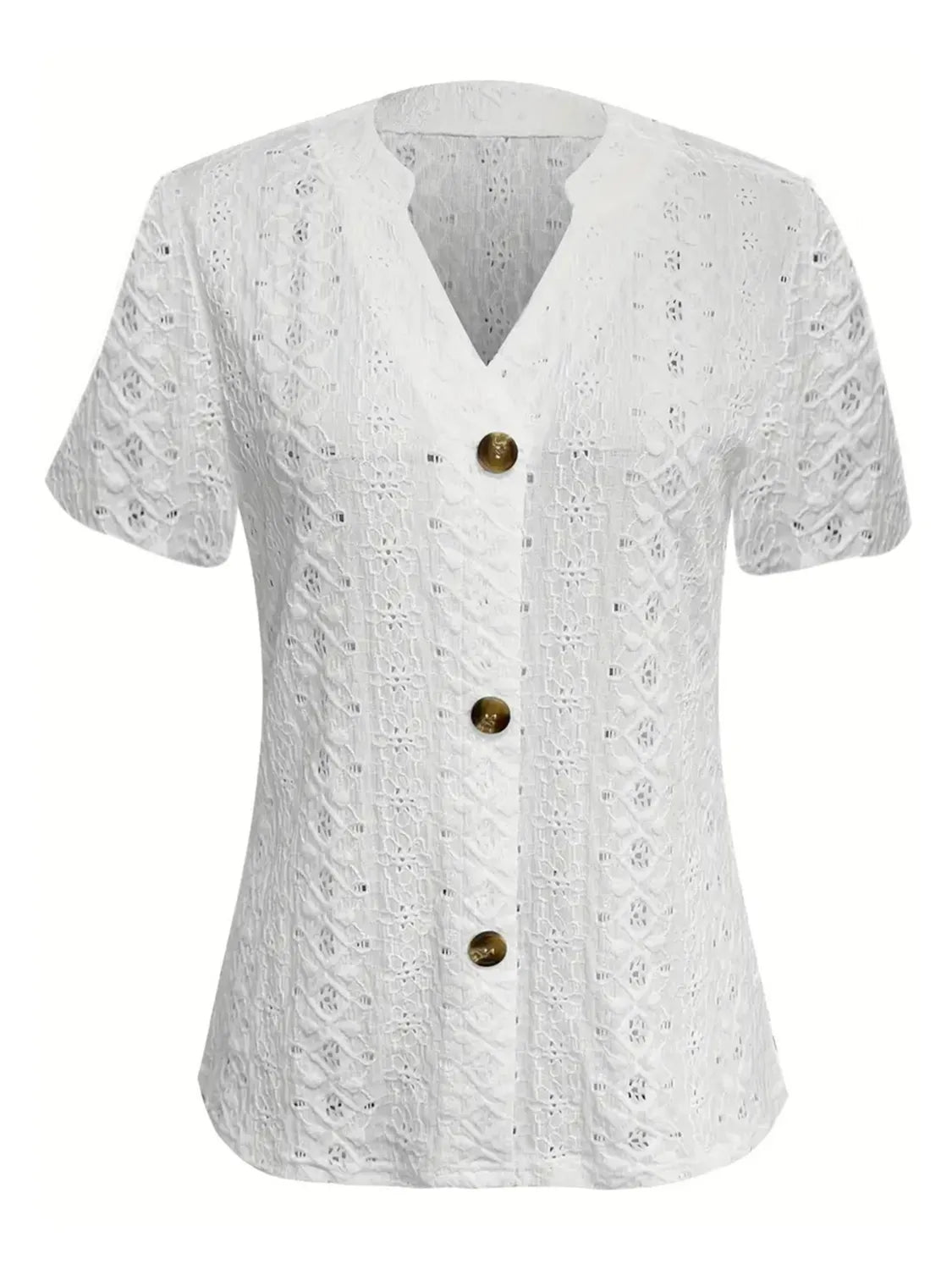 Openwork Notched Short Sleeve Top – Button Detail Summer Chique - -