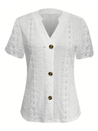 Openwork Notched Short Sleeve Top – Button Detail Summer Chique - -
