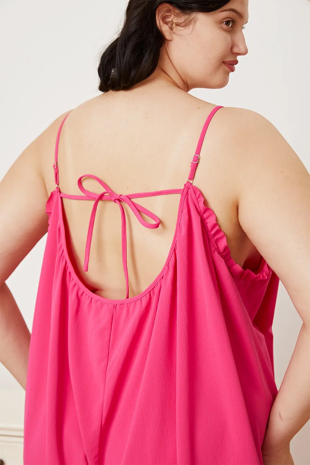 Double Take Full Size Ruffle Trim Tie Back Cami Jumpsuit with Pockets - -