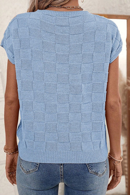 Pocketed Checkered Round Neck Knit Top - -