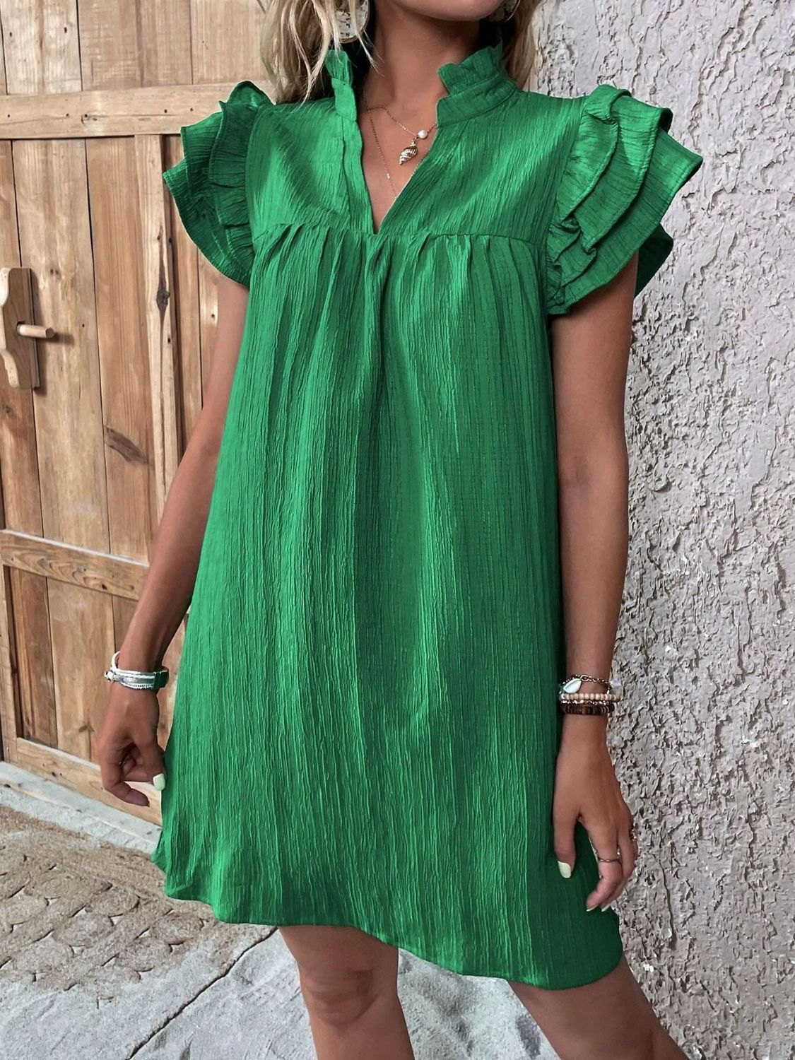 Ruffled Notched Cap Sleeve Mini Dress - Green -