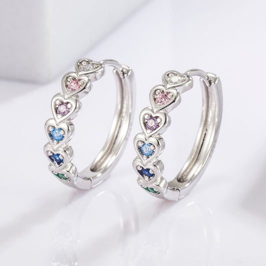 925 Sterling Silver Inlaid Zircon Heart Huggie Earrings - Silver One Size -