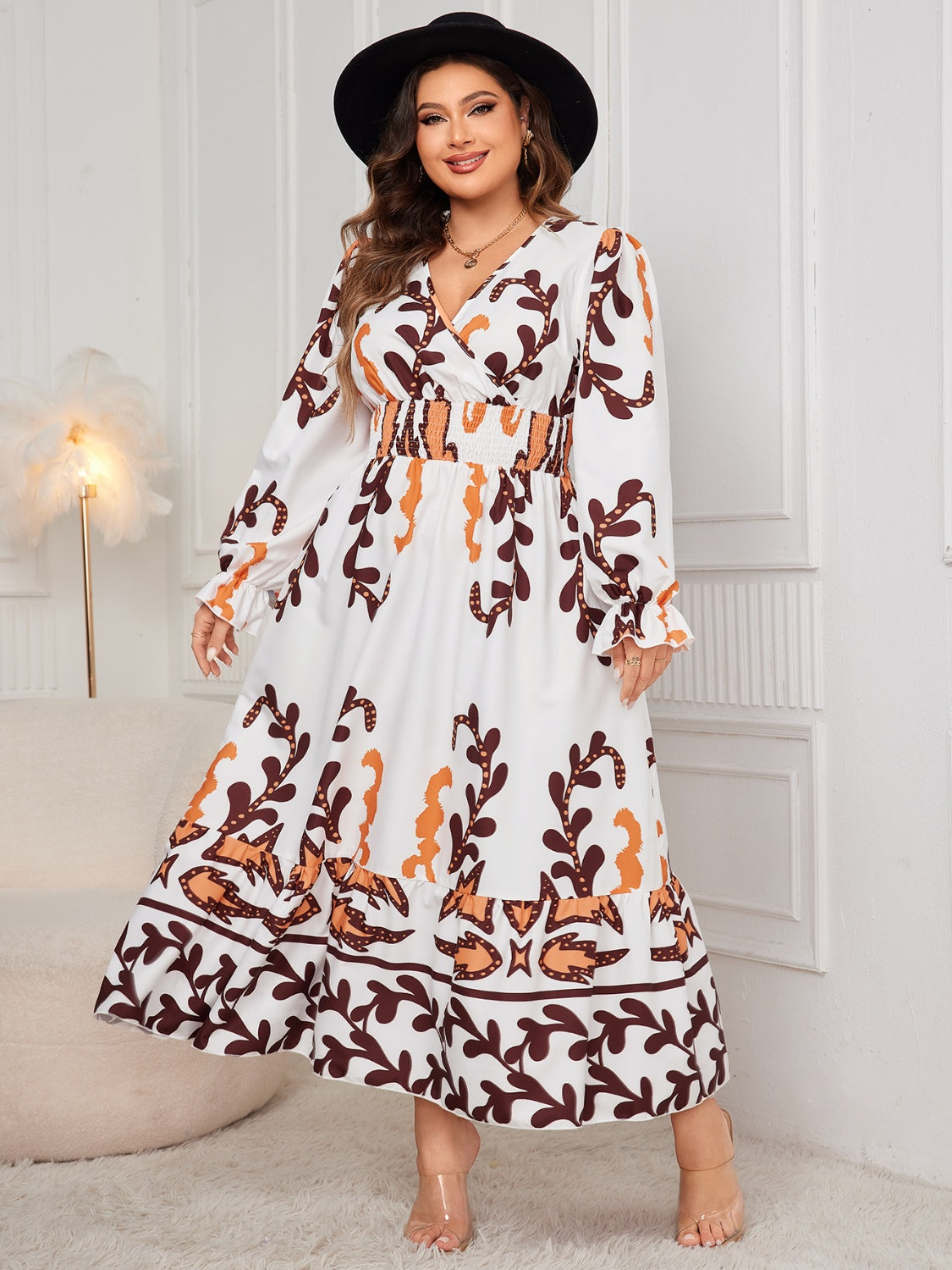 Honey Plus Size Printed Surplice Flounce Sleeve Dress - -