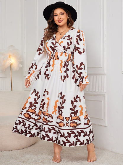 Honey Plus Size Printed Surplice Flounce Sleeve Dress - -