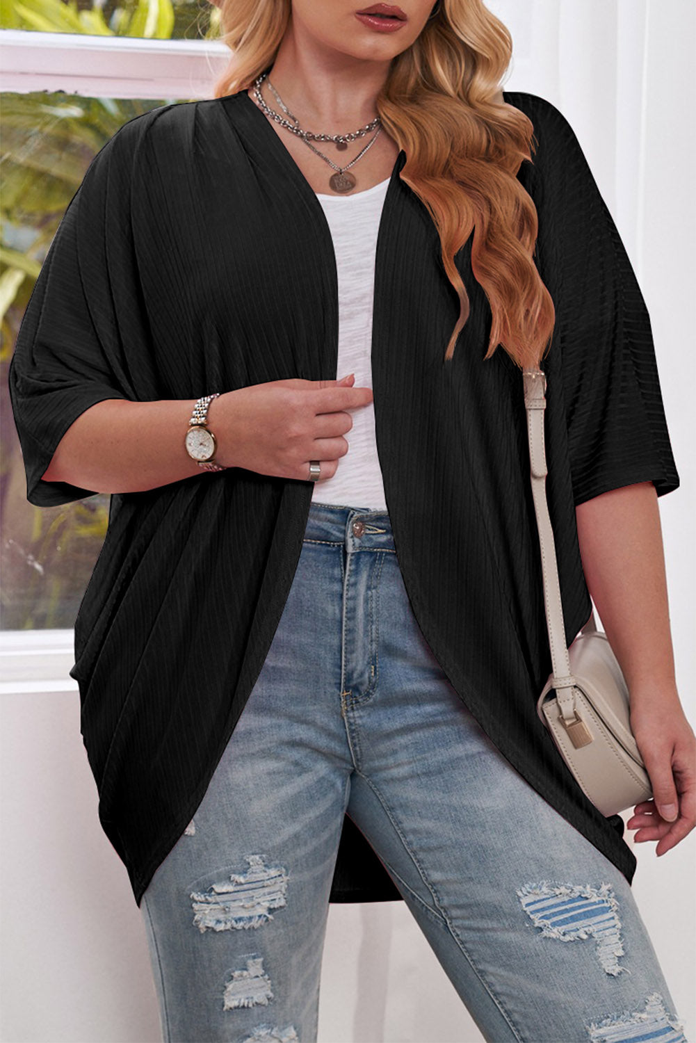 Plus Size Ribbed Cocoon Cover Up - Black -