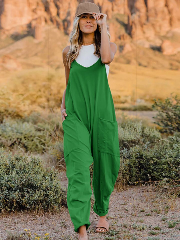 Double Take Full Size Pocketed V-Neck Jumpsuit – Plus Size, Relaxed Fit, Travel Ready - Green -